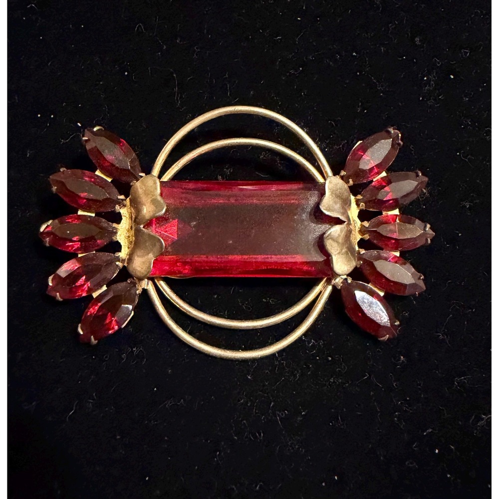 Art Deco Sterling Silver w/ Goldwash & Red Stones